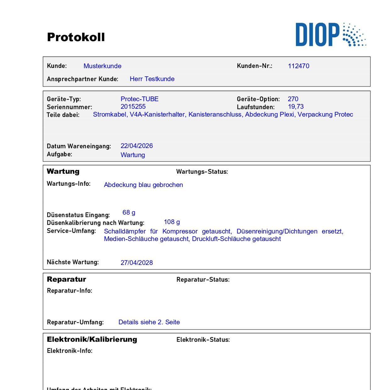 Beispiel eines DIOP-Wartungsprotokoll Beispiel eines DIOP-Wartungsprotokolls zur Dokumentation von Wartungsarbeiten, Reparaturen und technischen Prüfungen an DiosolGeneratoren.